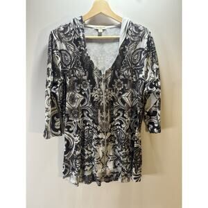 Live And Let Live Zip Hooded Tunic Top Black White Floral Fairy Grunge Sz 1X EUC